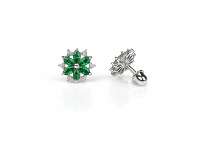 14K  White Gold Beautiful CZ Flower Stud Earrings for Women