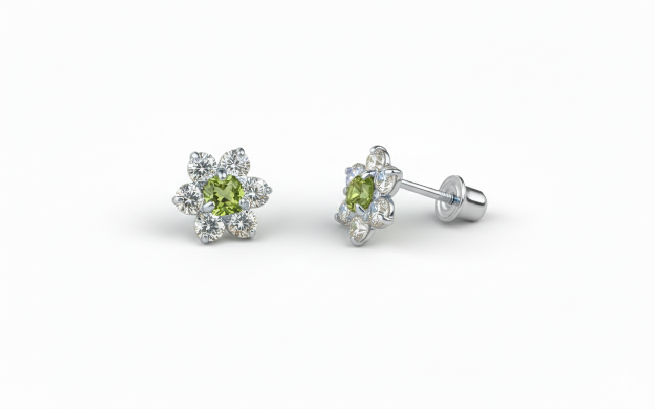 14K White Gold Beautiful Flower CZ Stud Earrings for Women