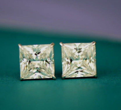 14k Heavy Basket White Gold Square AAA Quality CZ Stud Earrings with Screw Back