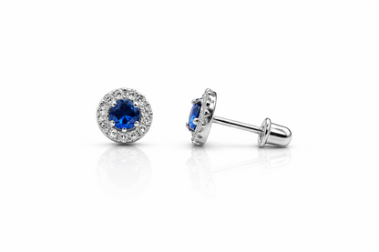 14k White Gold Halo Stud Earrings with Screw  Back