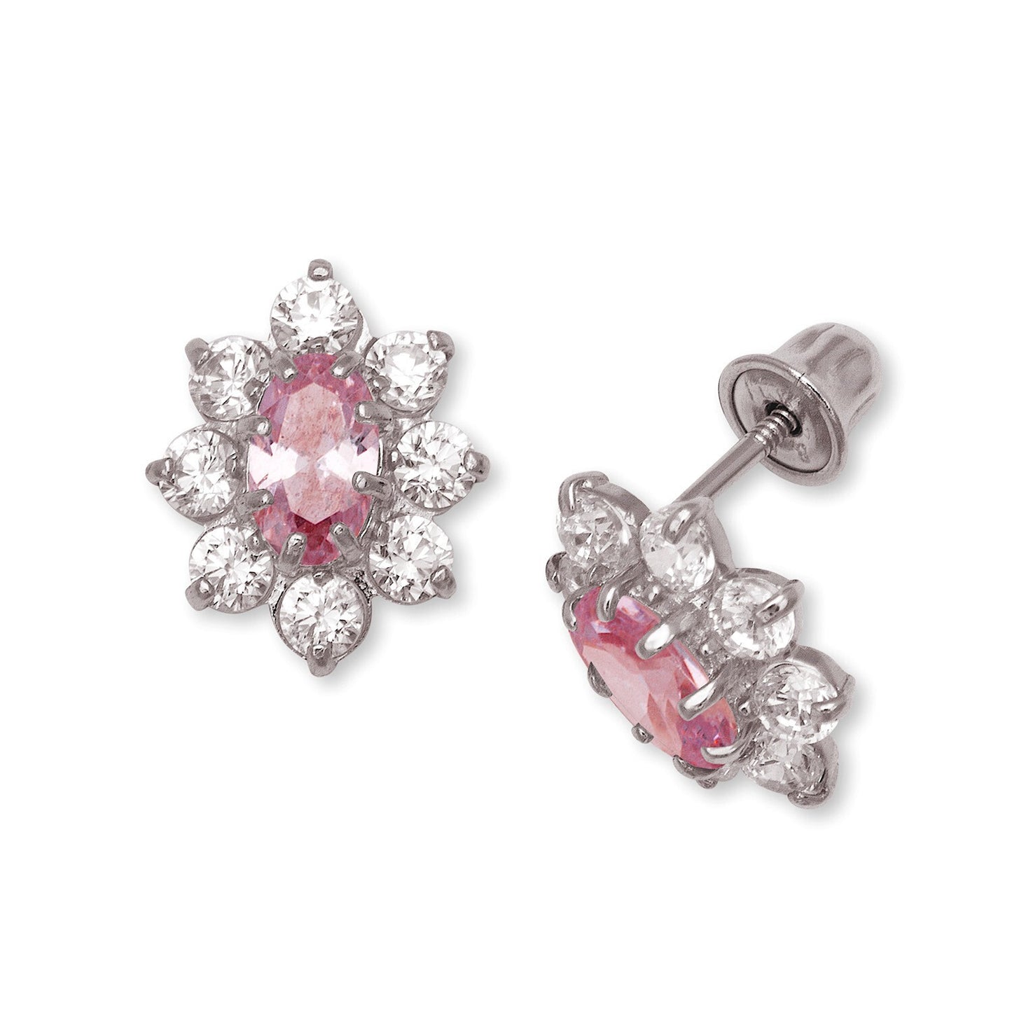 14K Yellow & White Gold CZ Flower Stud Screw Back Earrings for Women