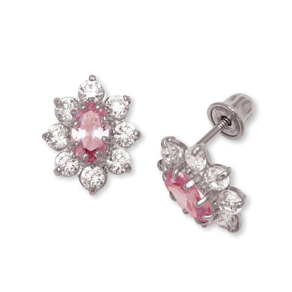 14K Yellow & White Gold CZ Flower Stud Screw Back Earrings for Women
