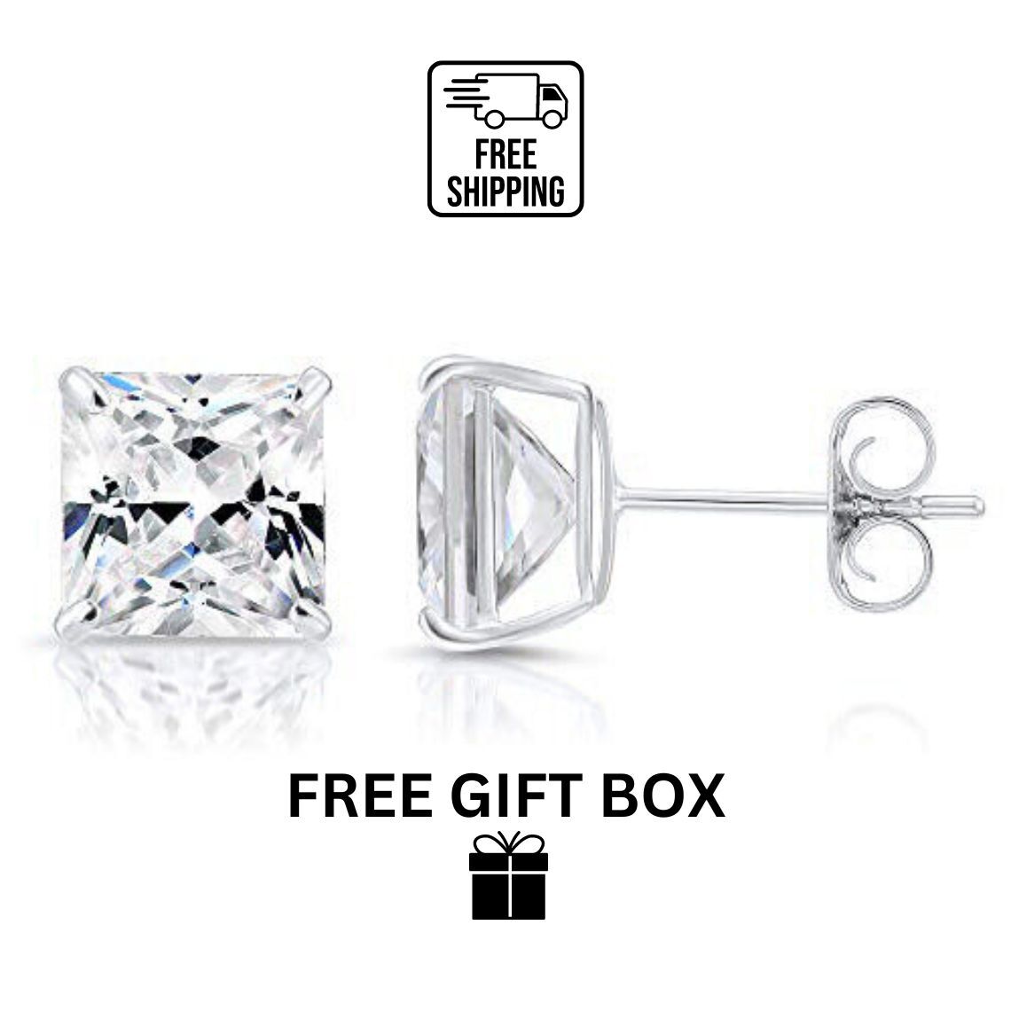 14k solid yellow/white gold square clear CZ basket set stud earrings 3-10mm