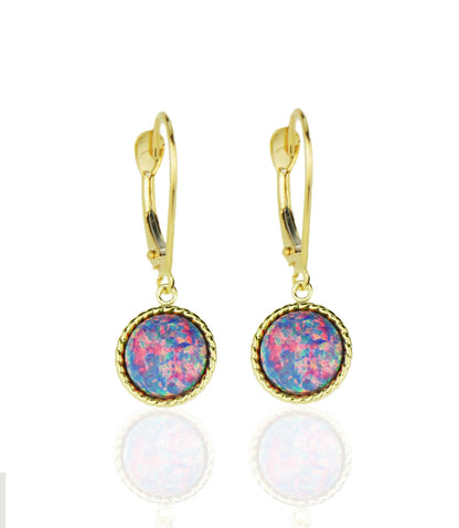 14k-Yellow-Gold-Opal Flat Dangle Leverback Earrings