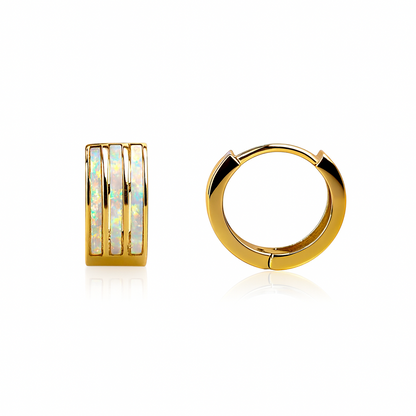 14k Yellow Gold Triple Row White Opal Huggie Hoop Earrings