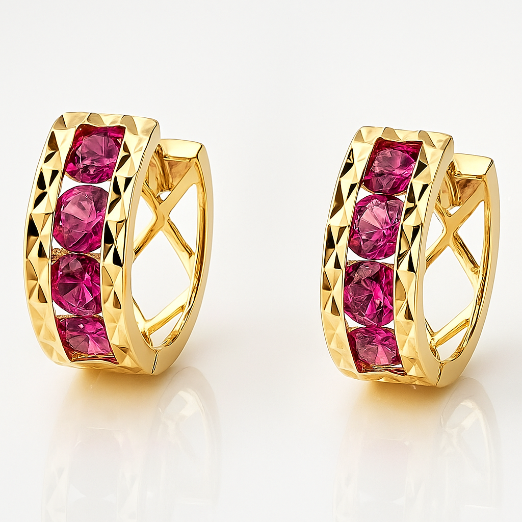 14k Yellow Gold Diamond Cut with Birthstone Huggie Earrings