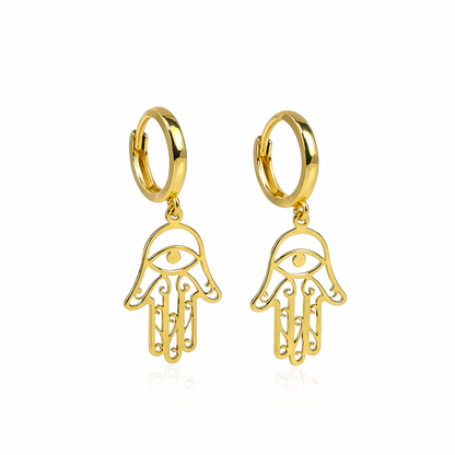 14k Yellow / White Gold Dangle Hamsa Huggie Earrings