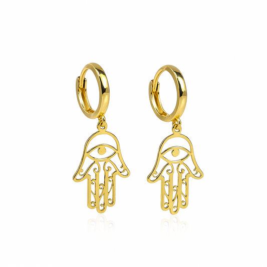 14k Yellow / White Gold Dangle Hamsa Huggie Earrings