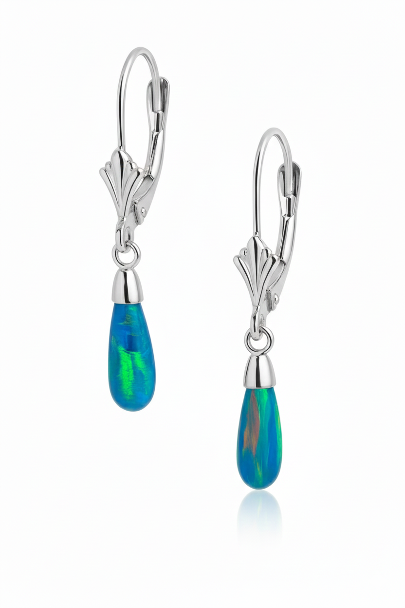 14k-Yellow and White Gold  Dangle Opal Leverback Earrings