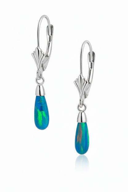 14k-Yellow and White Gold  Dangle Opal Leverback Earrings