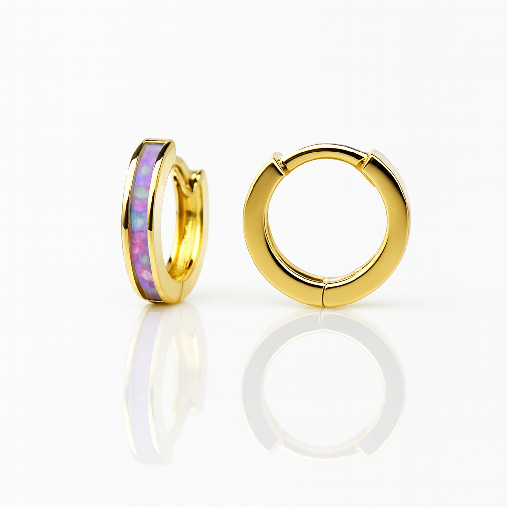 14k Yellow Gold One Row Purple Opal Huggie Hoop Earrings
