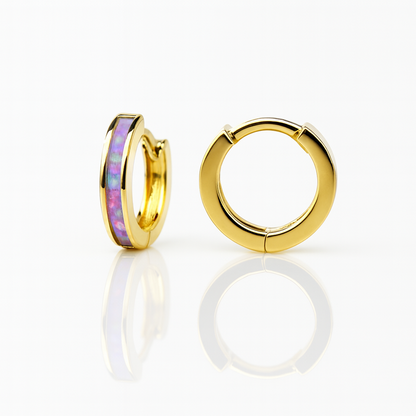 14k Yellow Gold One Row Purple Opal Huggie Hoop Earrings