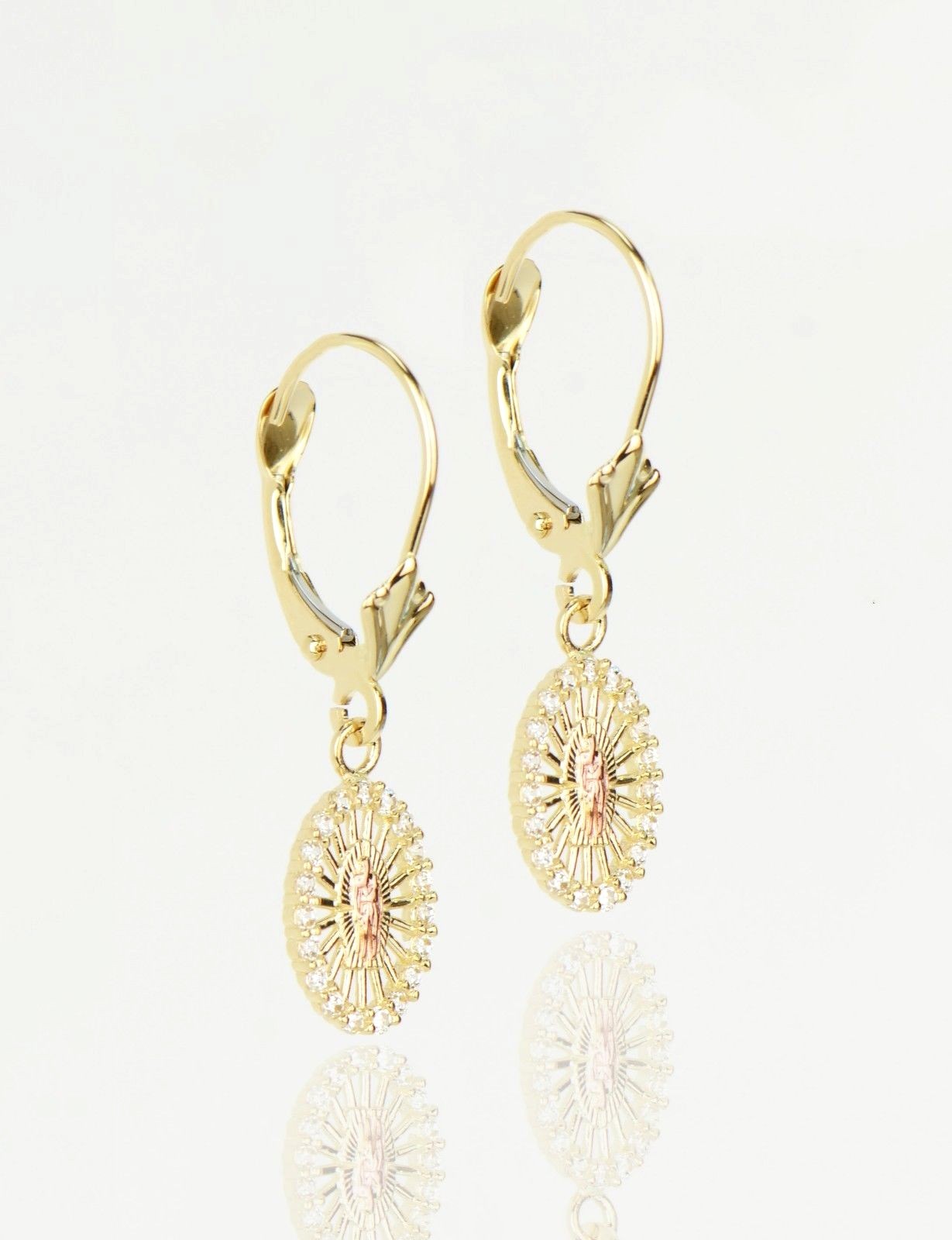 14k Yellow Gold CZ Guadalupe Oval Dangle Leverback Pierced Earrings
