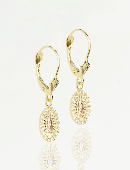 14k Yellow Gold CZ Guadalupe Oval Dangle Leverback Pierced Earrings