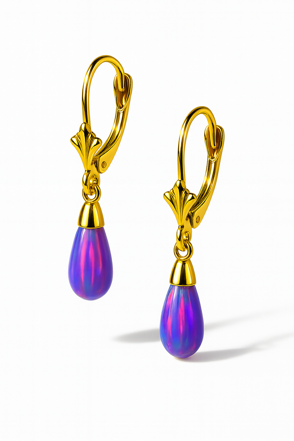 14k Yellow Gold Opal Leverback Earrings