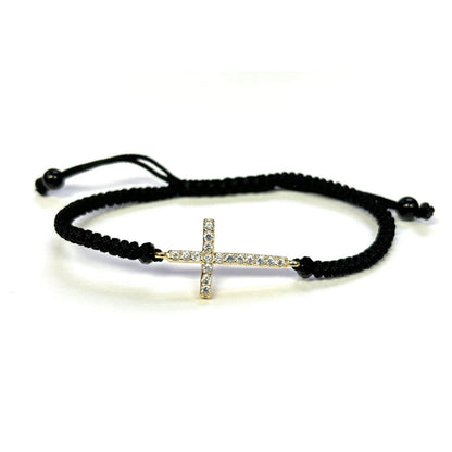 925 Sterling Silver String CZ Bracelet Cross 6" Adjustable to 11"