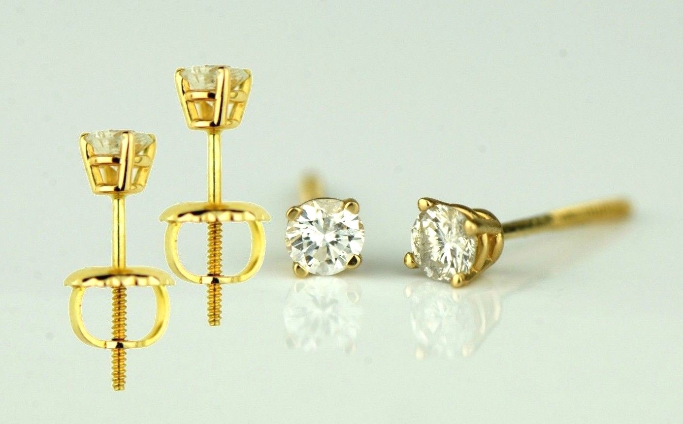14k Yellow Gold Round Diamond Stud Earring with Screw Back .22 PT TW