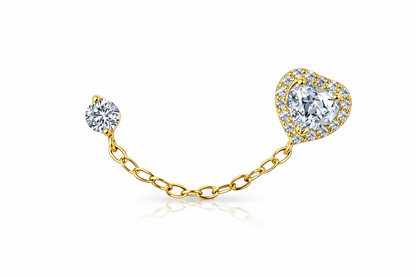 14k Yellow Gold Halo Heart CZ Stud Earrings with chain Push back