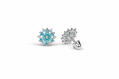 14K  White Gold Beautiful CZ Flower Stud Earrings for Women