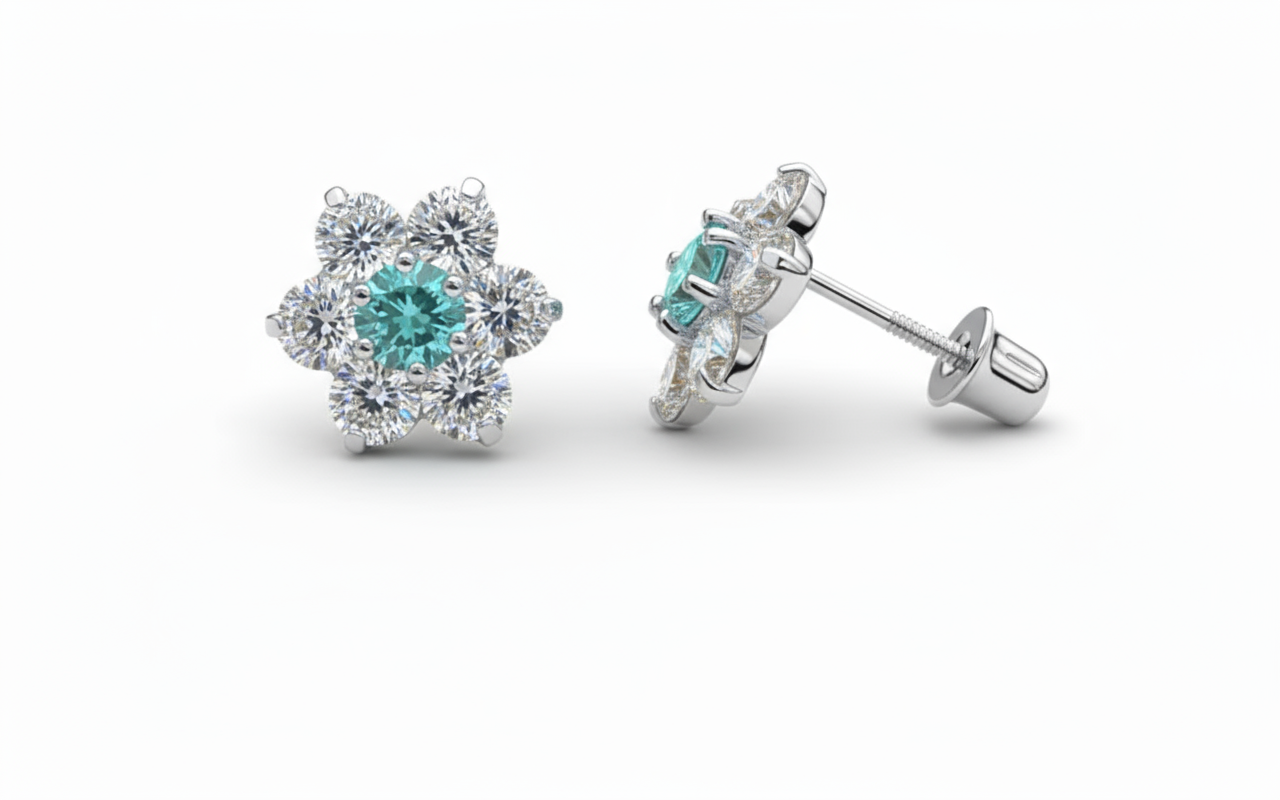 14k White Gold Beautiful Flower Shaped Stud Screw Back Earrings for Women