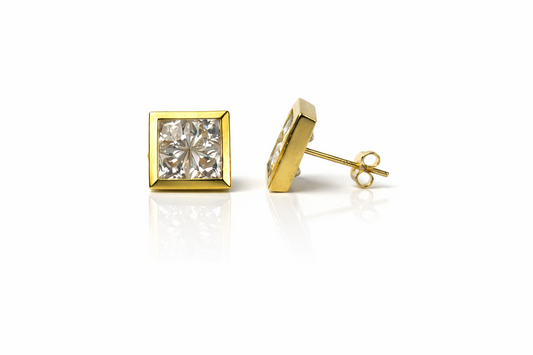 14K Yellow or White Gold Fancy Square CZ Stud Earring