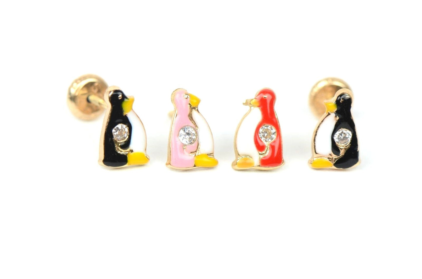 14k Yellow Gold Beautiful Enamel and CZ Penguin Baby Earrings, Screw Back