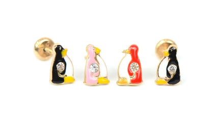 14k Yellow Gold Beautiful Enamel and CZ Penguin Baby Earrings, Screw Back