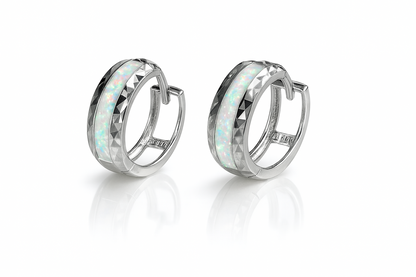 14k White Gold White Opal Huggie Hoop Earrings