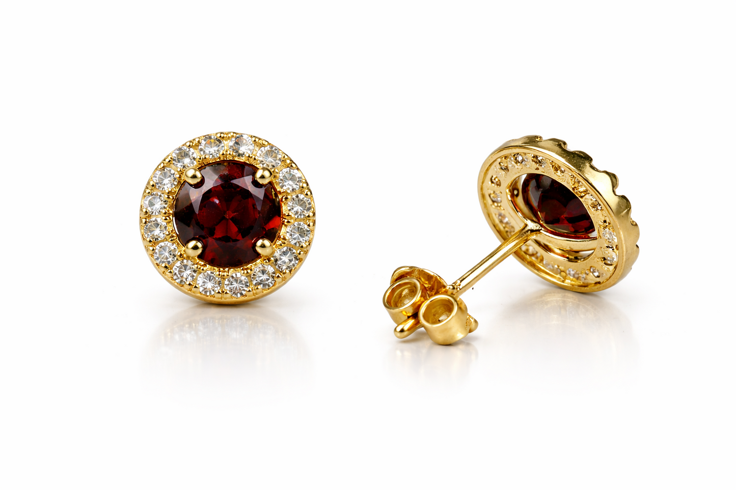 14K Solid Yellow Gold Halo Stud Push Back Earrings