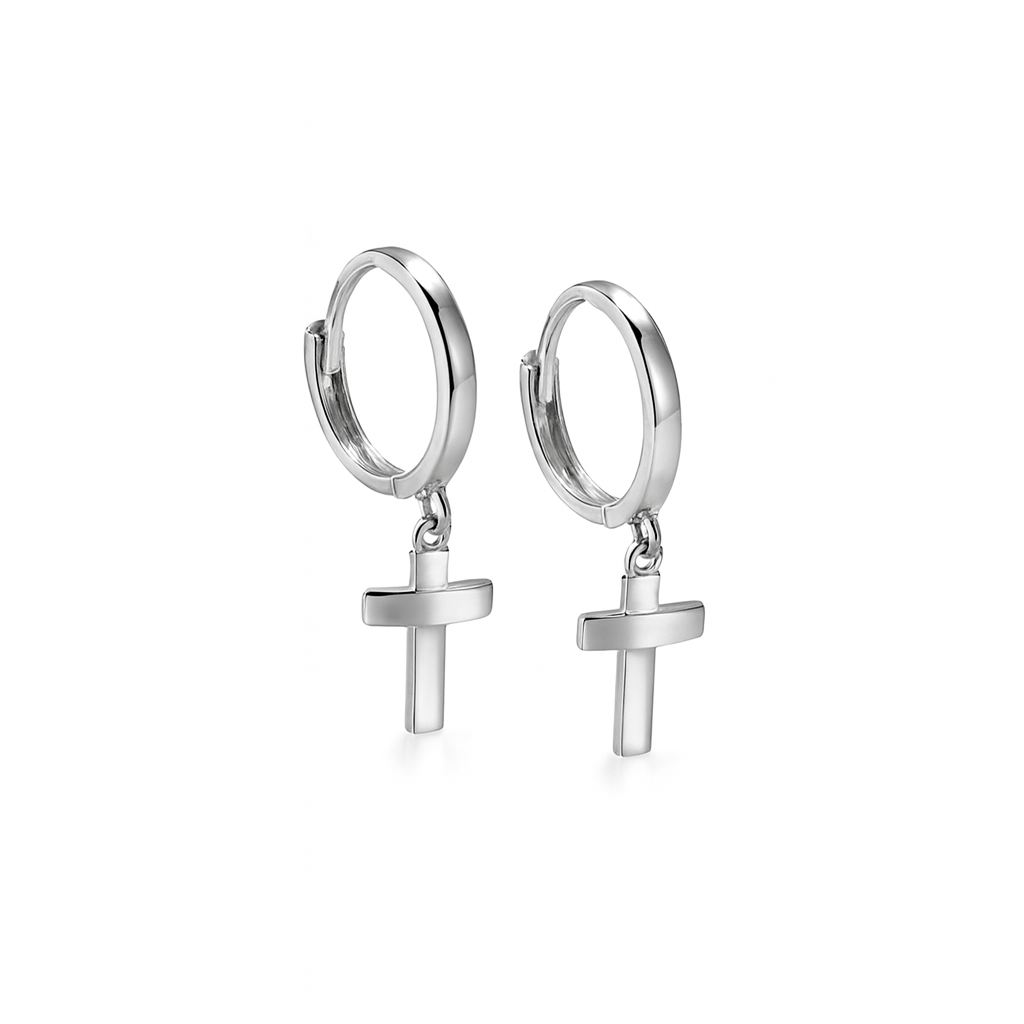 14k Yellow/White Gold Cross Dangle Hoop Huggie Earrings