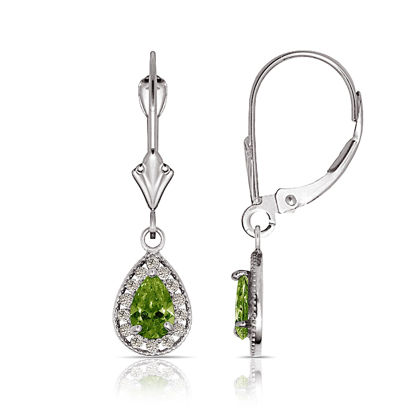 14k White Gold Halo CZ Tear Drop Dangle Leverback Earrings