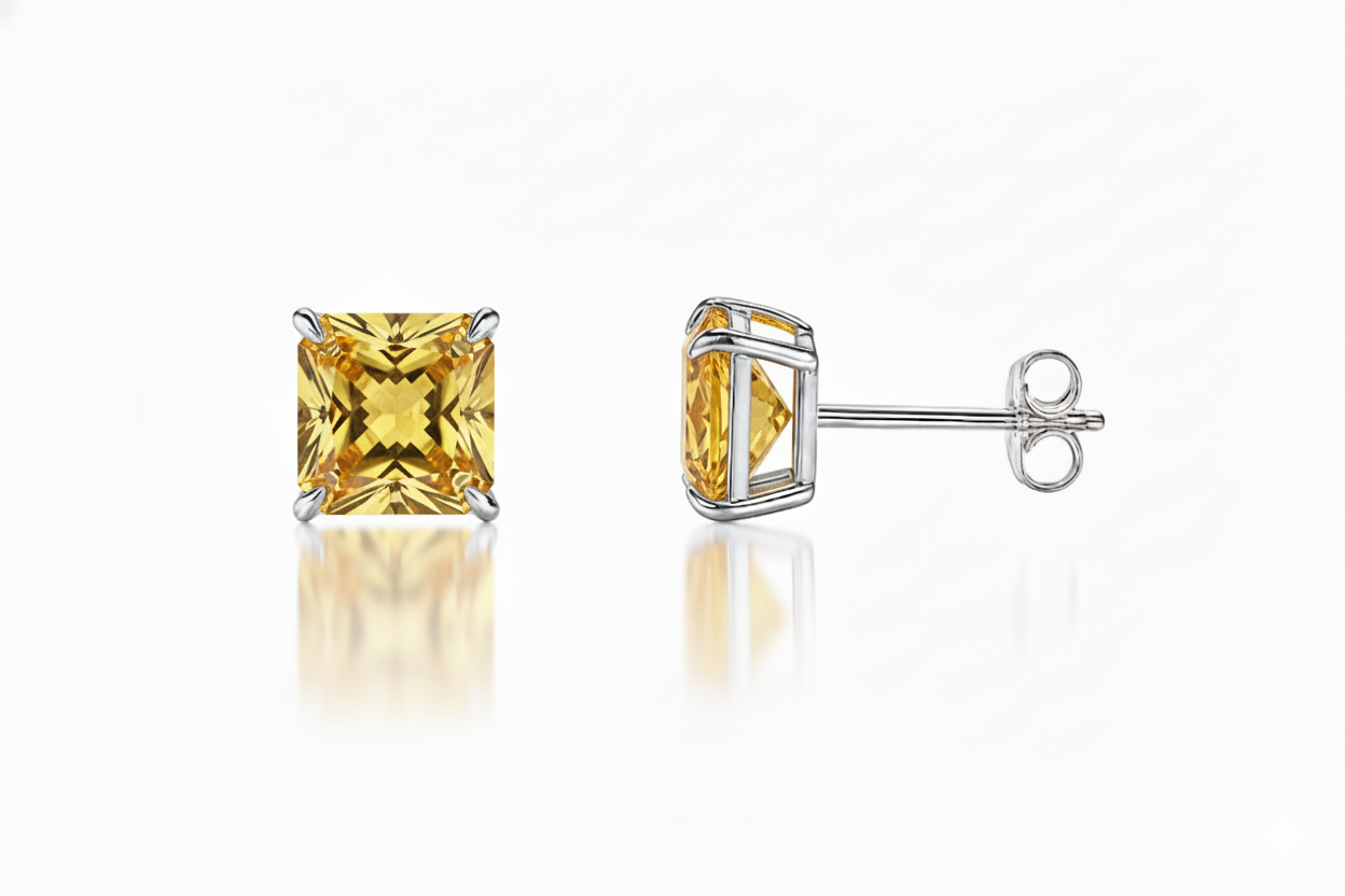 14k White Gold Solid Square Princess Cut Birthstone 6MM CZ Stud Earrings