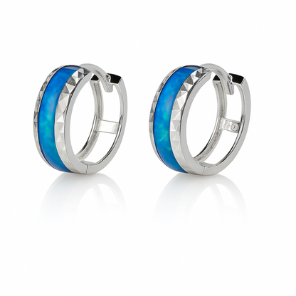14k White Gold Dark Blue Opal Huggie Hoop Earrings