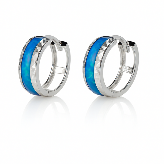 14k White Gold Dark Blue Opal Huggie Hoop Earrings