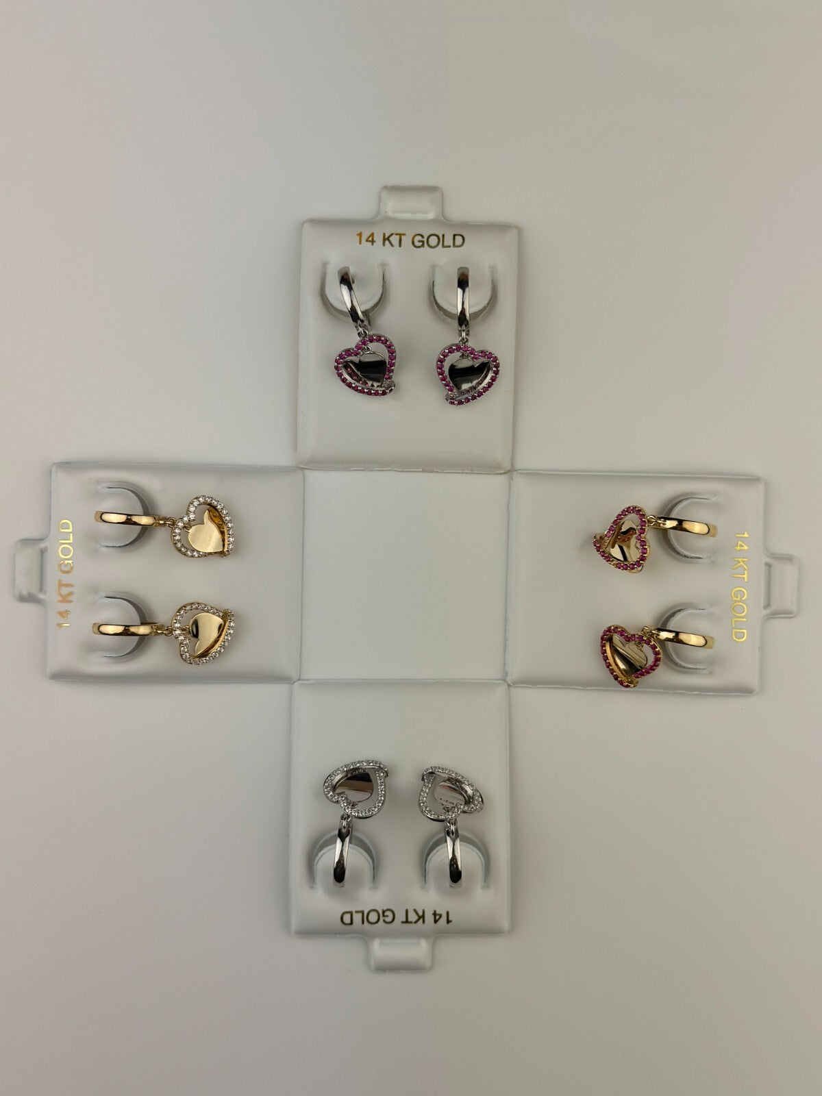 14k Yellow Gold Double Heart Dangle Hoop Huggie CZ Earrings