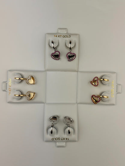 14k Yellow Gold Double Heart Dangle Hoop Huggie CZ Earrings