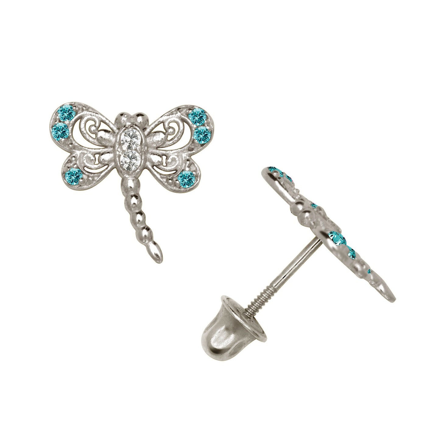 14K Yellow & White Gold Dragonfly Shaped Stud Screw Back Earrings for Women