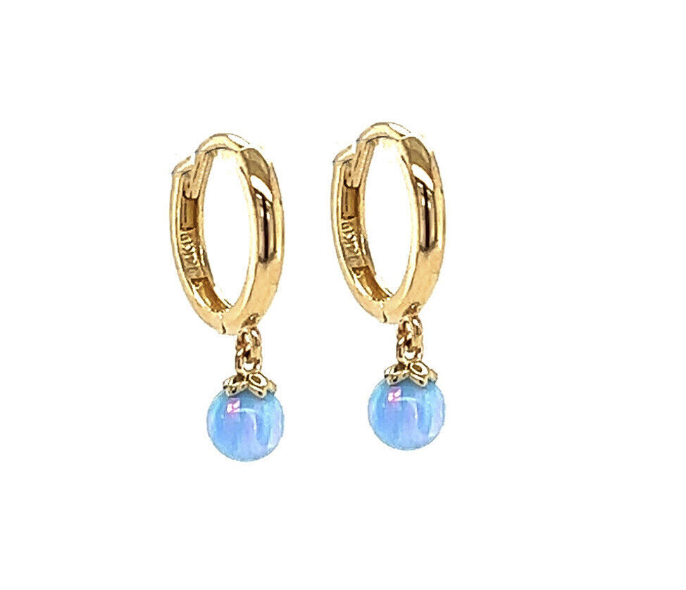 14k Yellow / White Gold Light Blue Opal Huggie Dangle Earrings