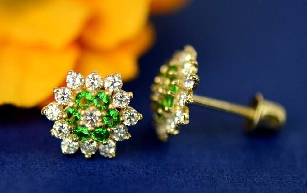 14k Yellow Gold Flower Stud CZ Earrings with screw back