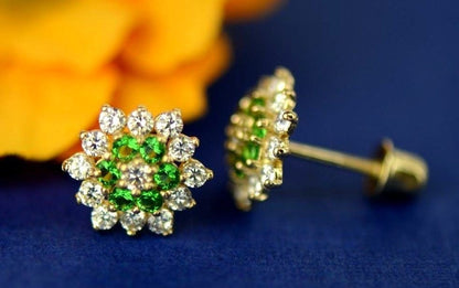 14k Yellow Gold Flower Stud CZ Earrings with screw back