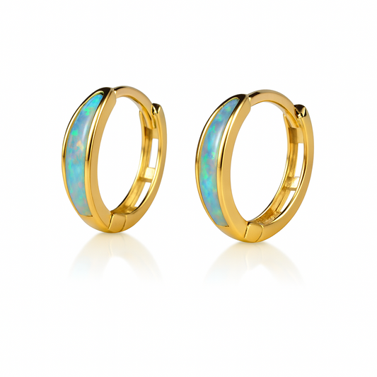 14k Yellow Gold Light Blue Opal Huggie Hoop Earrings