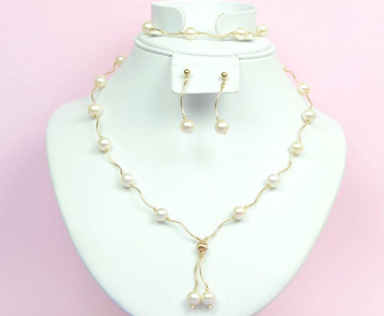 14k Yellow Gold Natural White Pearls 3pcs Women Set:Necklace, Bracelet, Earrings