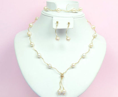 14k Yellow Gold Natural White Pearls 3pcs Women Set:Necklace, Bracelet, Earrings