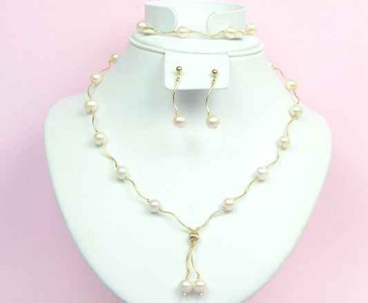 14k Yellow Gold Natural White Pearls 3pcs Women Set:Necklace, Bracelet, Earrings