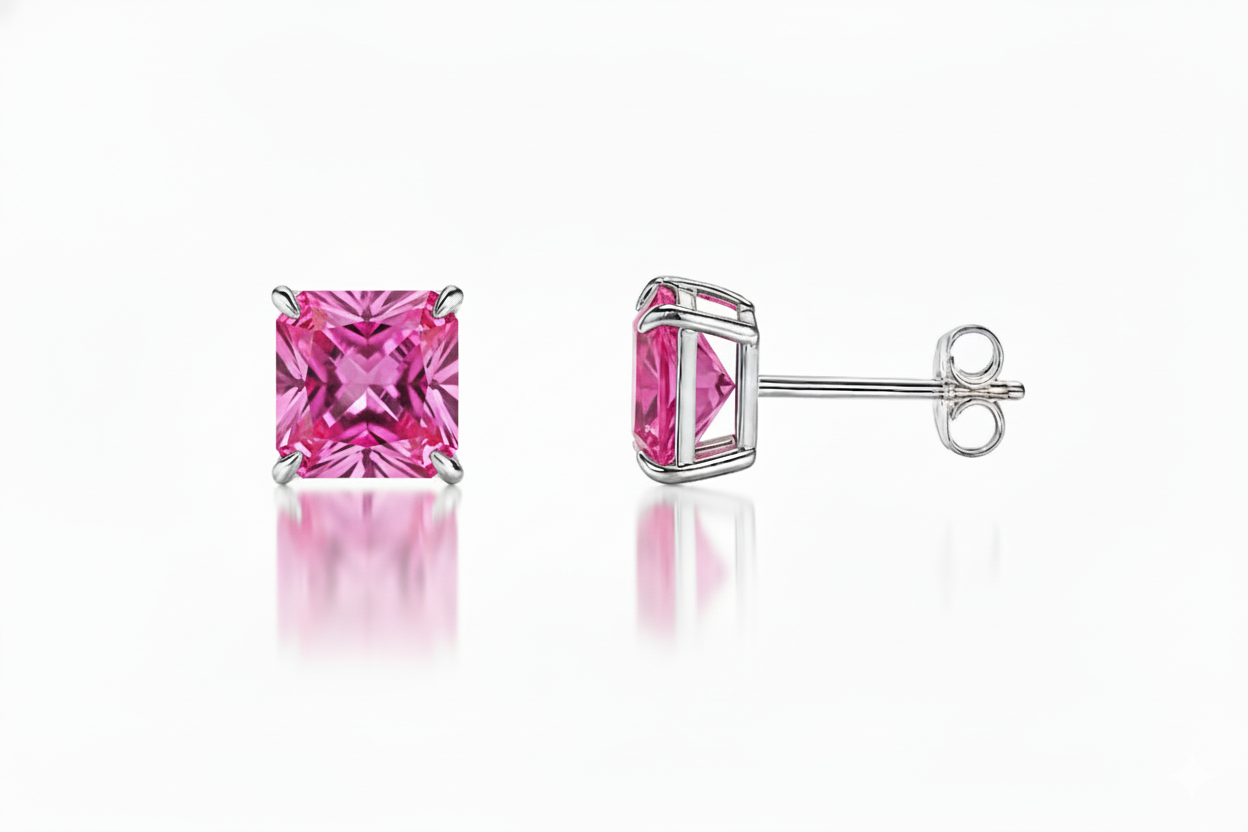 14k White Gold Solid Square Princess Cut Birthstone 6MM CZ Stud Earrings