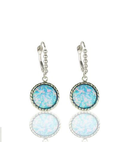 14k White Gold Opal Flat Dangle Leverback Earrings