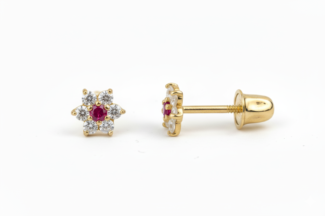 14K Yellow Gold Classic Flower CZ  Stud Earrings for Women