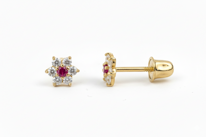 14K Yellow Gold Classic Flower CZ  Stud Earrings for Women