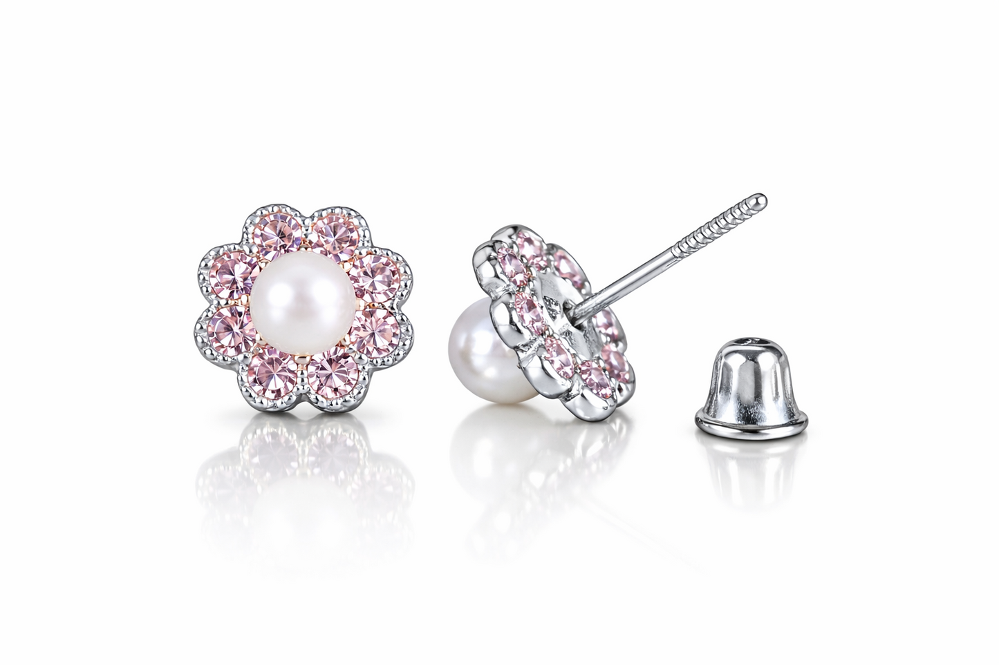 14k Yellow and White Gold Flower CZ Stud Earrings White Pearl with Screw Back