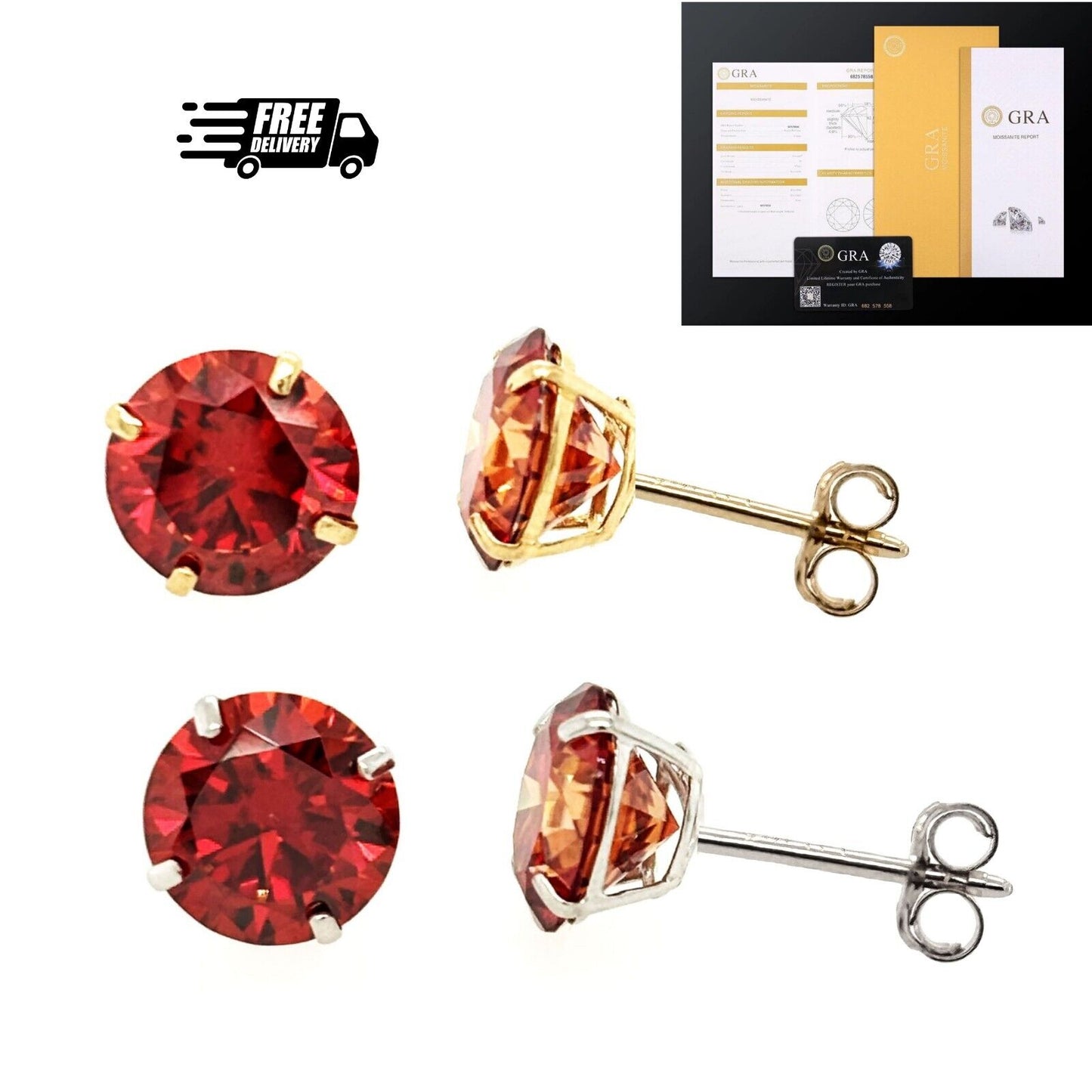 14K Gold GRA Certified D-VVS1 Round Garnet Moissanite Push Back Studs Earrings